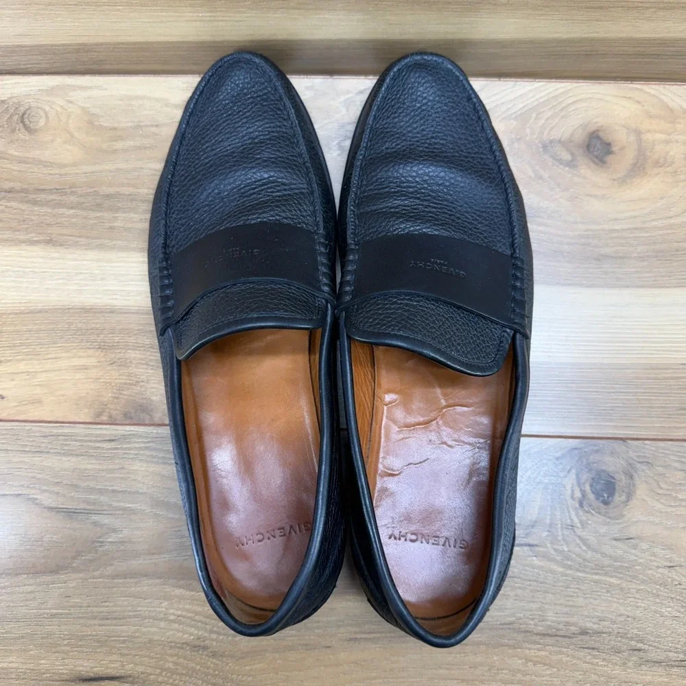 GIVENCHY Moc‎ Toe Loafers Mens EU 43.5 US 10.5 Black Pebble Leather Dress Shoes